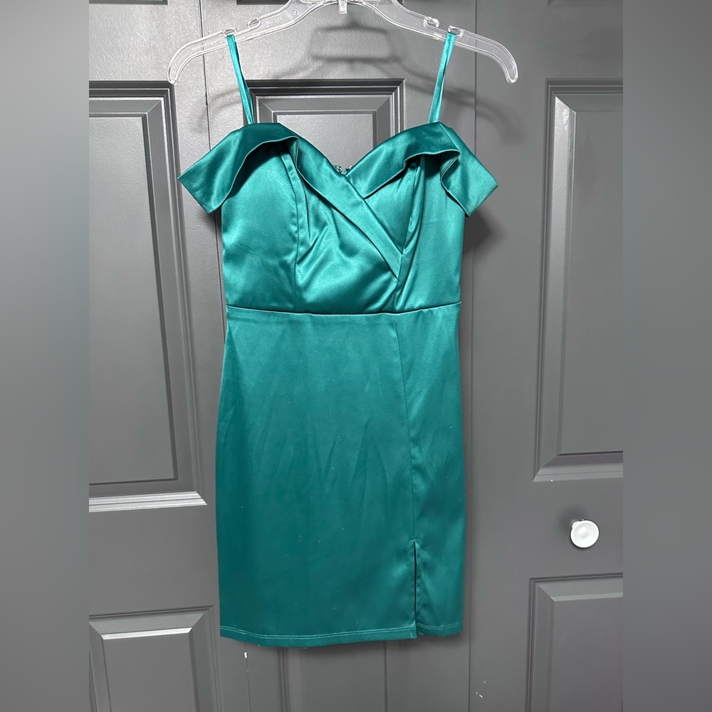 My Michelle Green emerald off the shoulder mini dress